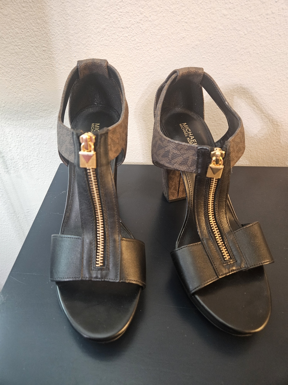 Michael Kors Black Leather & Logo-Print T-Zip Block Heel Sandals